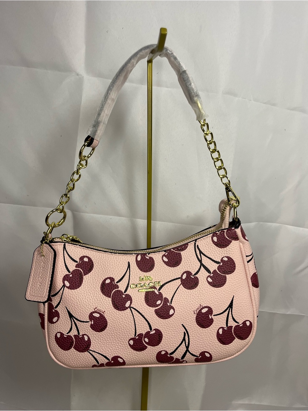 Coach Pink Cherry-Print Shoulder Bag with Gold Hardware